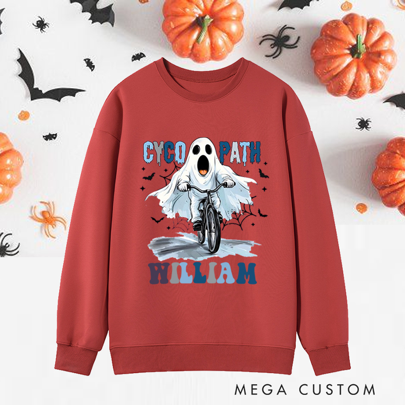 Personalized Halloween Classic Sweatshirts with Funny Ghost on Bicycle Screaming Face and Headphones for Fitness Enthusiasts Bodybuilders and Gym Lovers