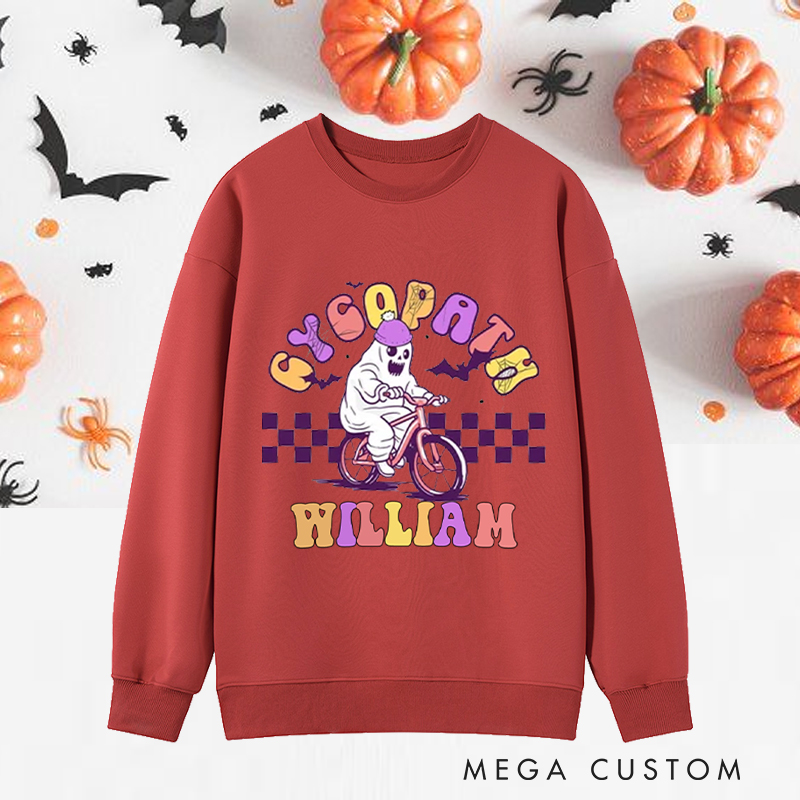 Personalized Halloween Classic Sweatshirts with Ghost on Bike with Purple Helmet for Fitness Enthusiasts Bodybuilders and Gym Lovers