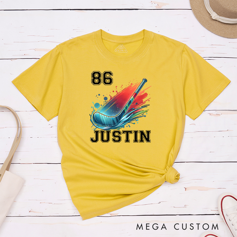 Personalized Athletic T-Shirt with Hockey Stick and Customizable Name