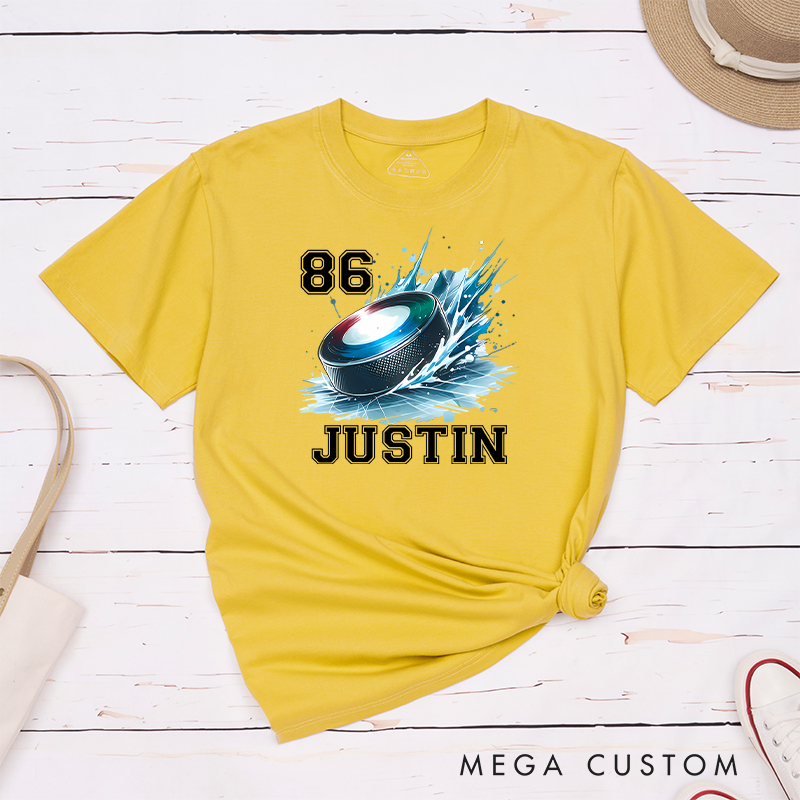 Personalized Hockey T-Shirt with Splashed Ice Puck Design and Custom Name