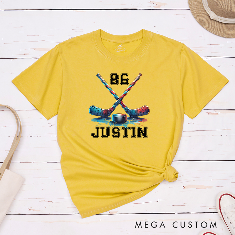 Personalized Ice Hockey T-Shirt with Crossed Sticks and Custom Name  