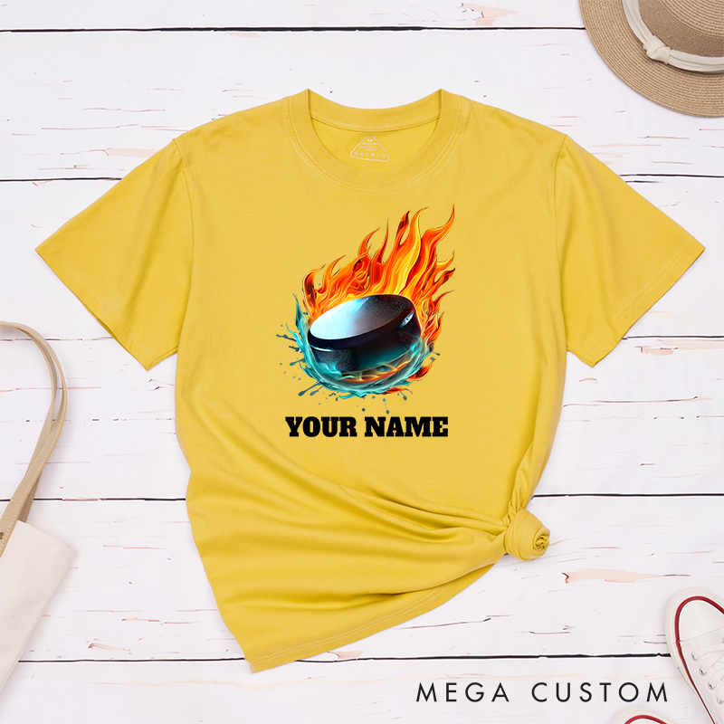 Personalized Flaming Hockey Puck T-Shirt with Custom Name  