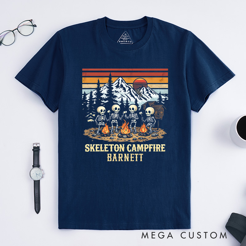 Personalized Skeleton Campfire T-Shirt Camping Hiking Lovers Shirt Halloween Gift Outdoor
