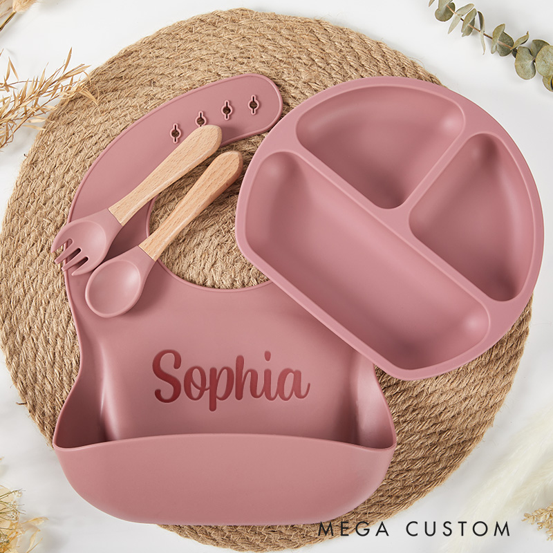 Personalized Feeding Set with Name Cartoon Weaning Set for Baby Eco-Friendly Baby Plate Silicone Weaning Set Baby Shower Gift