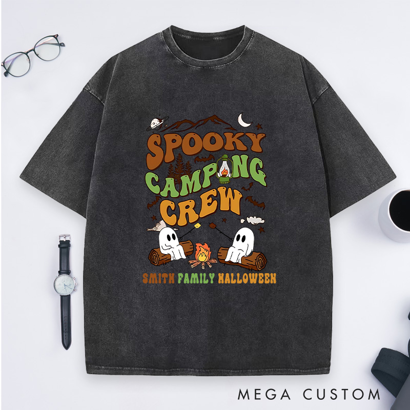 Personalized Spooky Camping Crew Washed T-Shirt a Haunted Campfire Adventure T-Shirt Halloween Gift Outdoor Lover