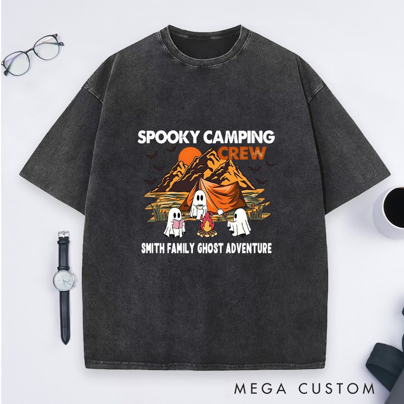 Personalized Spooky Camping Crew Washed T-Shirt Ghostly Adventures Shirt Halloween Gift Hiking Outdoors