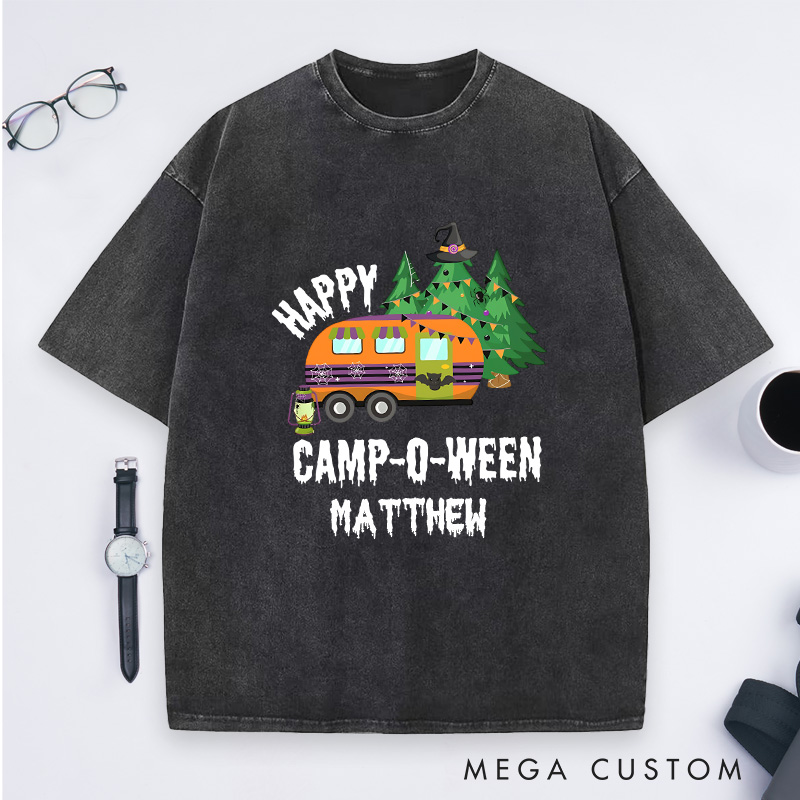 Personalized Happy Camper Halloween Washed T-Shirt Outdoor Camping Adventure Shirt Halloween Gift for Hiking