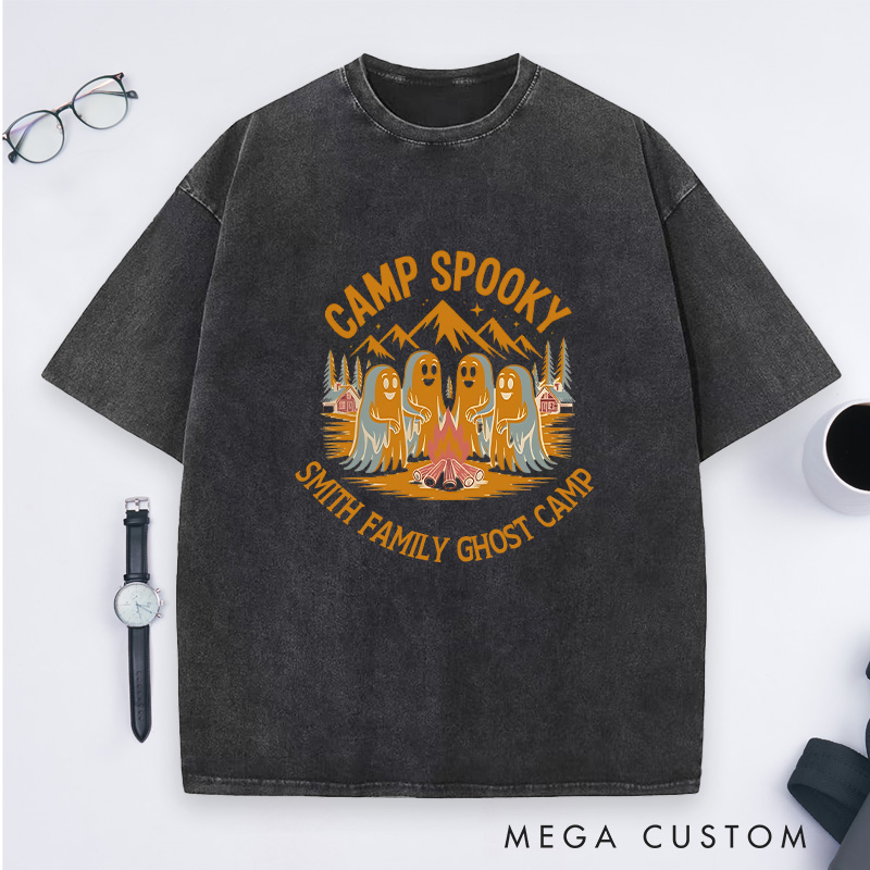 Personalized Camp Spooky Washed T-Shirt Ghostly Camping Shirt Halloween Gift for Outdoor Adventures