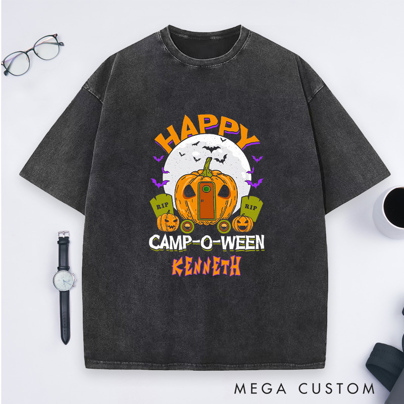 Personalized Happy Camp Halloween Washed T-Shirt Halloween Camping Shirt Gift for Outdoor