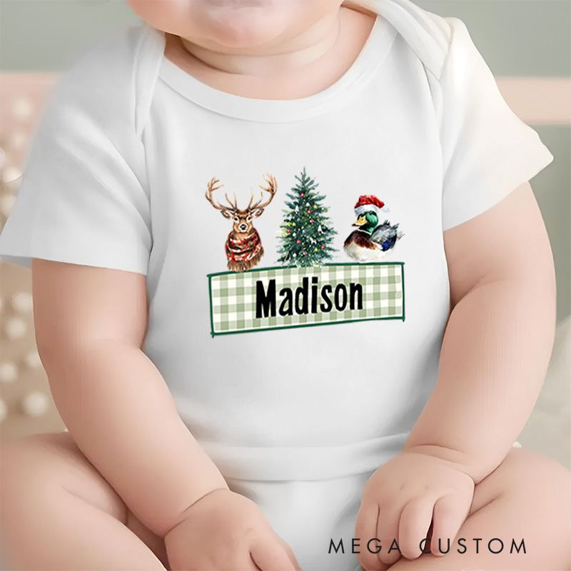 Personalized Holiday Reindeer and Tree Baby Onesie Perfect for Adding Fun to Holiday Family Outfits Baby Onesie
