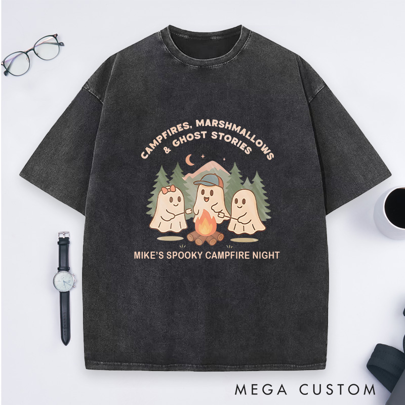 Personalized Campfires Marshmallows Ghost Stories Washed T-Shirt Halloween Outdoor Camping Shirt Halloween Gift