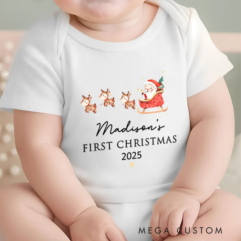 Personalized First Christmas Santa and Reindeer Baby Onesie Perfect for Cherishing a Baby’s Holiday Season Baby Onesie