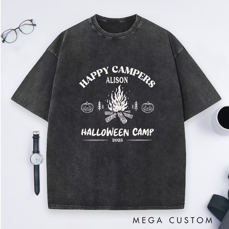 Personalized Halloween Happy Campers Washed T-Shirt Outdoor Bonfire Shirt Halloween Gift for Hiking