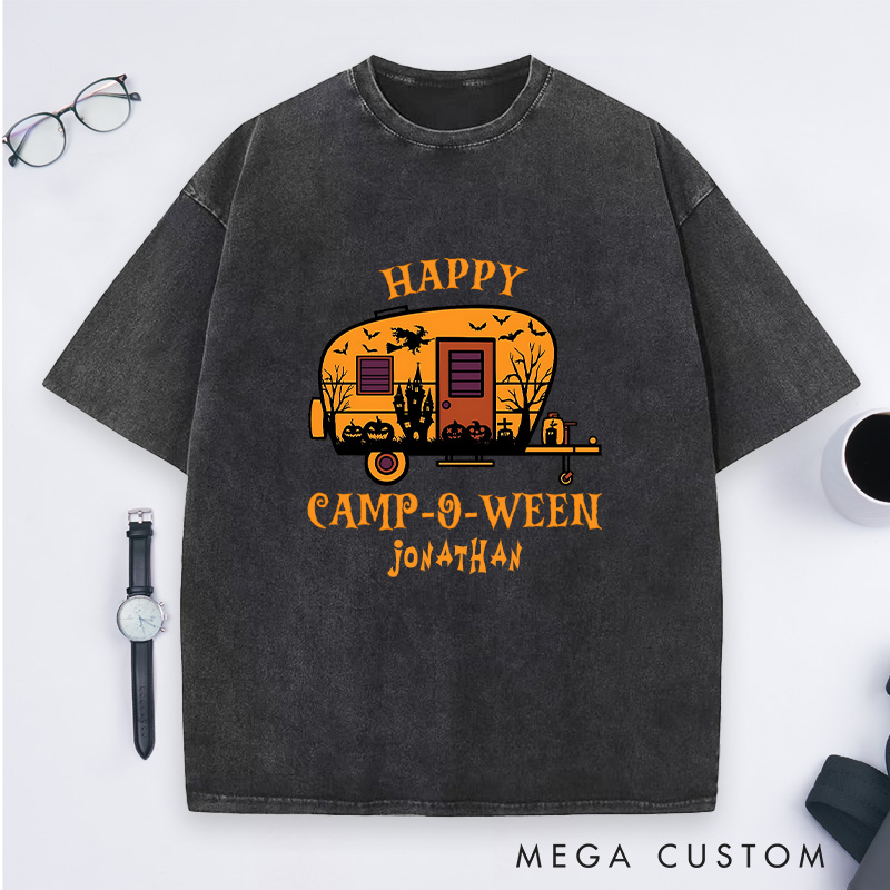 Personalized Halloween Camping Adventure Washed T-Shirt Happy Halloween Shirt Gift for Outdoor