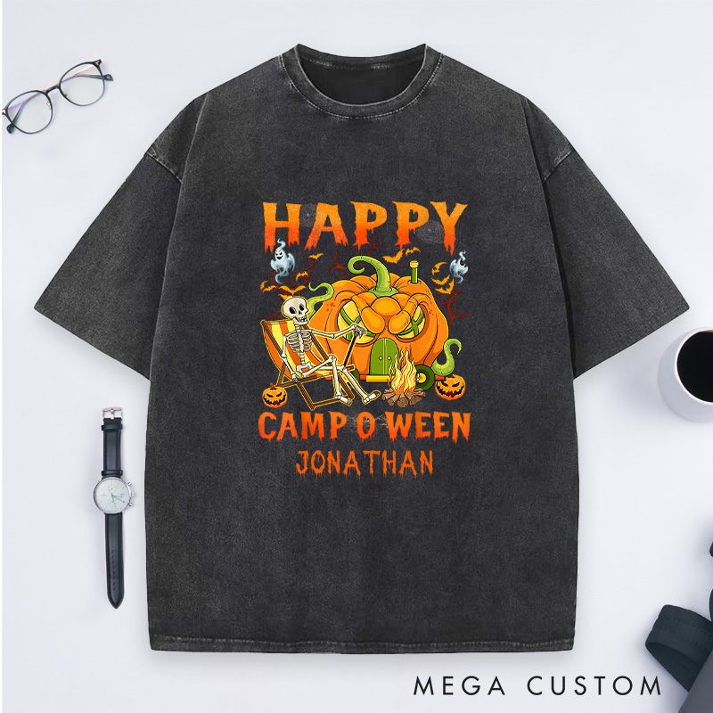 Personalized Camper Halloween Washed T-Shirt Skeleton Camping Car Pumpkin Shirt Halloween Gift Outdoor