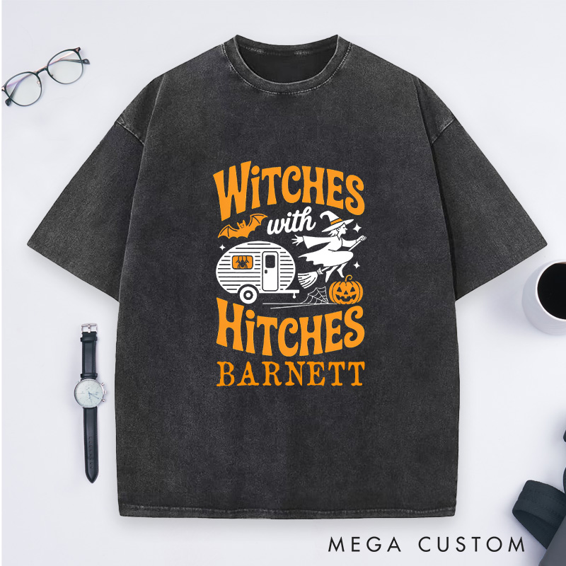 Personalized Camping Halloween Funny Witch Essential Washed T-Shirt Camping RV Pumpkin Shirt Gift Outdoor