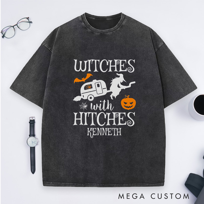 Personalized Witches with Hitches Washed T-Shirt Campers Life Lovers Shirt Spooky Pumpkin Shirt Halloween Gift Outdoor