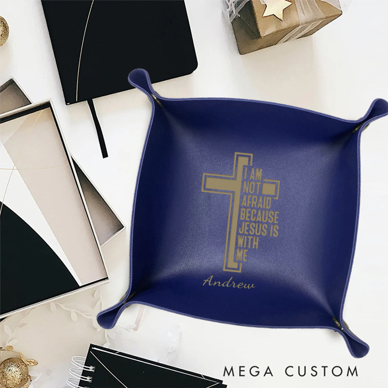 Personalized Jesus is with me Cross Foldable Leather Catchall Snap Tray with Name Desktop Storage Religious Gift Birthday Gift for Christian