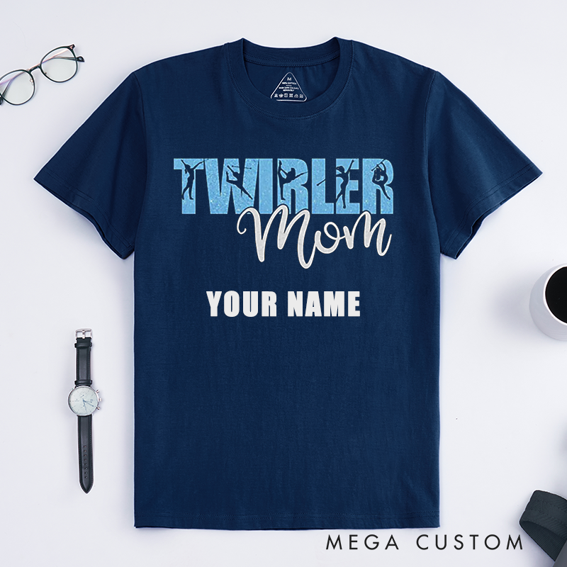 Personalized Twirler Mom T-Shirts Gift for Baton Twirling Supporter Custom Name Glitter Dance Team Parent Tee for Proud Mother