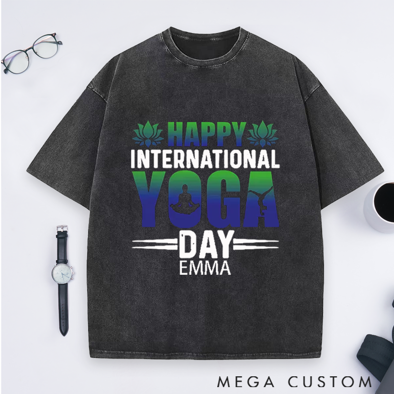 Personalized Yoga Washed T-Shirt with Happy International Yoga Day Design Perfect Gift for Yoga Lover