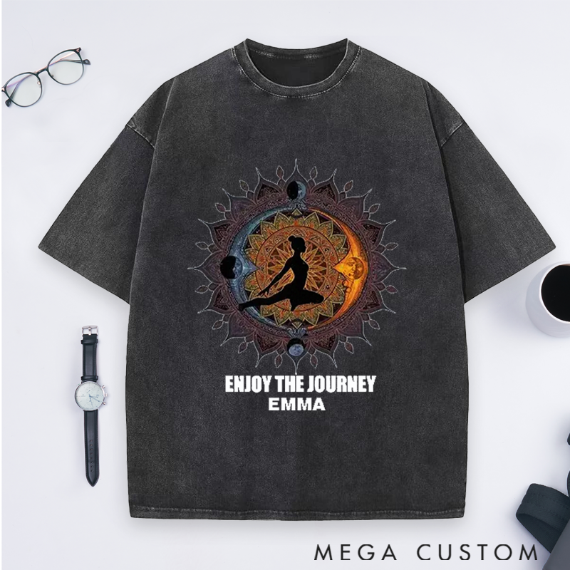 Personalized Enjoy the Journey Quote Yoga Washed T-Shirt with Mandala and Silhouette Design Perfect Gift for Yoga Lover