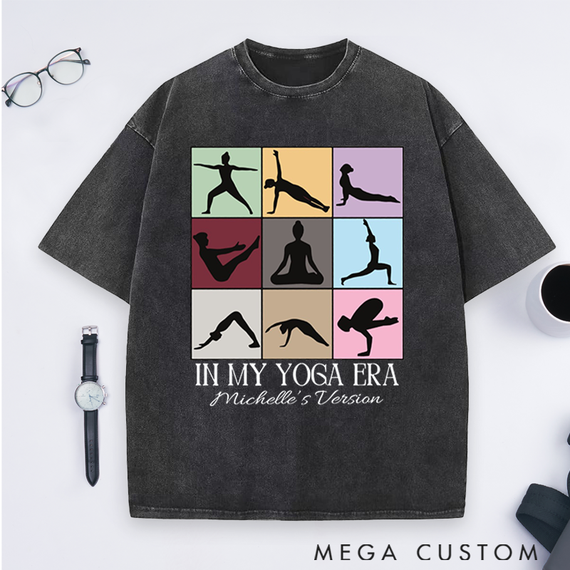 Personalized In My Yoga Era Theme Yoga Washed T-Shirt with Multicolor Yoga Pose Grid Design Perfect Gift for Yoga Lover