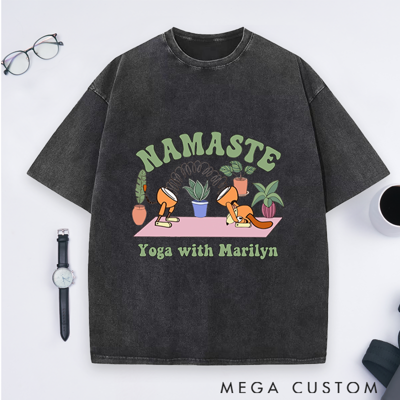 Personalized Yoga Washed T-Shirt with Namaste Theme and Cute Plant Design Perfect Gift for Yoga Lover