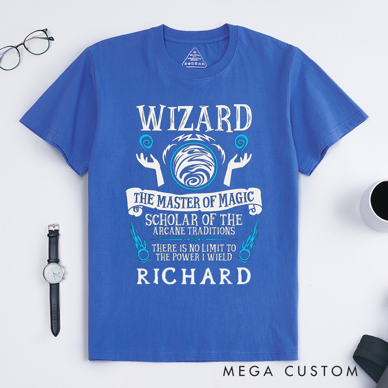 Personalized Wizard T Shirt Custom Name Magic Masterpower Scholar of Arcane Traditions Unique Gift for Fantasy Lovers for Him or Her Classic TShirt