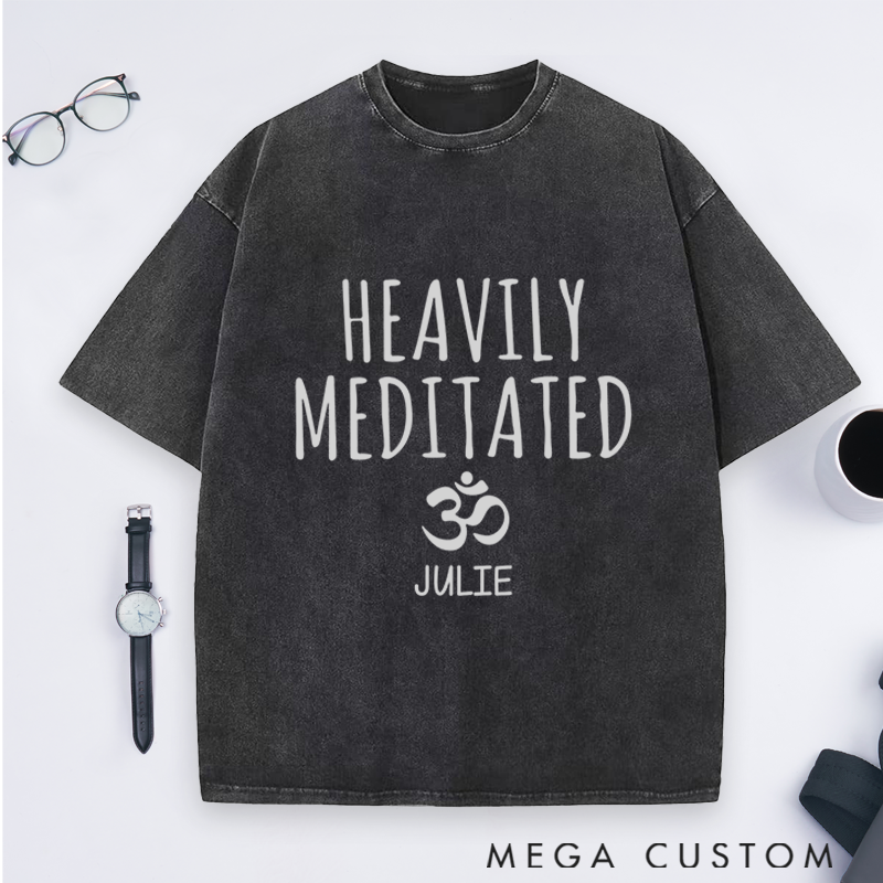 Personalized Yoga Washed T-Shirt with Heavily Meditated Design and Om Symbol Perfect Gift for Yoga Lover