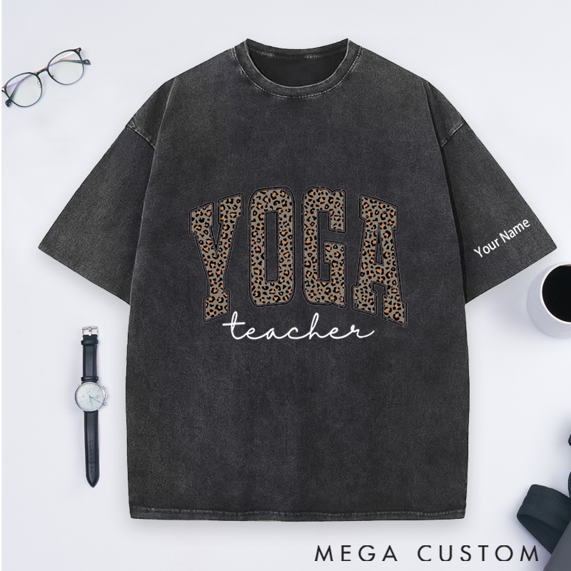 Personalized Yoga Teacher Washed T-Shirt with Leopard Print YOGA Design Perfect Gift for Yoga Lover