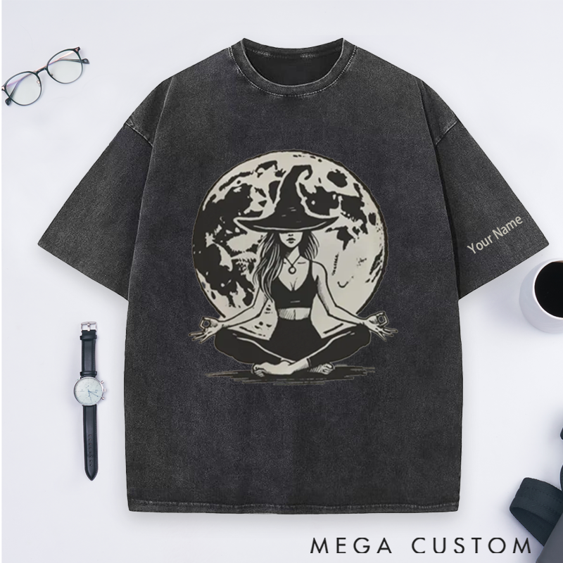 Personalized Witchy Yoga Washed T-Shirt with Mystic Moon and Meditating Witch Design Perfect Gift for Yoga Lover and Halloween