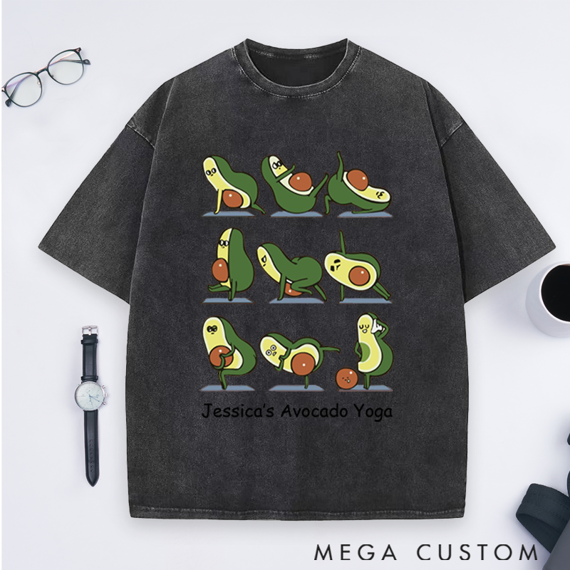 Personalized Avocado Yoga Washed T-Shirt with Cute Avocado Poses Design Perfect Gift for Yoga Lover