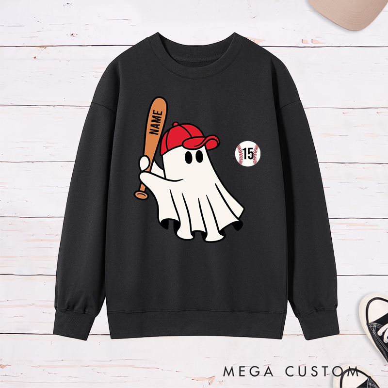 Personalized Halloween Sweatshirt with Ghost Holding Bat Custom Text  