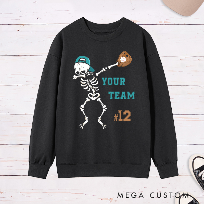 Personalized Skeleton Baseball Sweatshirt with Custom Team Name and Number