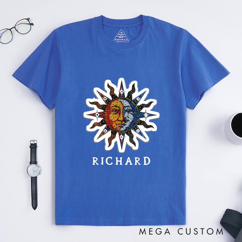 Personalized Sun and Moon Mosaic Face Classic T-Shirts Custom Name Retro Art Unisex Gift Cosmic Celestial Pattern Unique Birthday Present