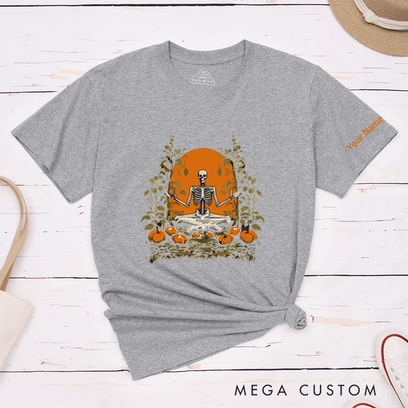 Personalized Halloween Skeleton T-Shirt with Pumpkin Meditation Design Perfect Gift for Yoga Lover and Halloween