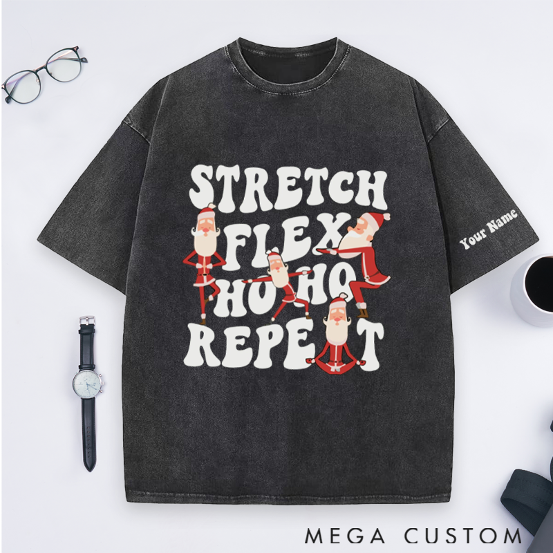 Personalized Santa Yoga Washed T-Shirt with Stretch Flex Ho Ho Repeat Design Perfect Gift for Yoga Lover and Christmas
