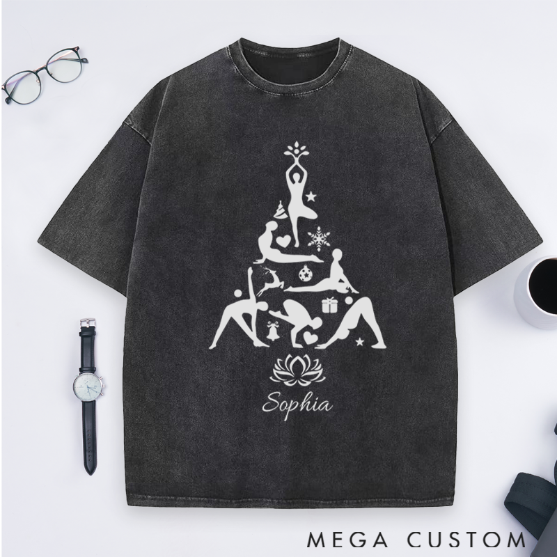 Personalized Yoga Washed T-Shirt with Christmas Tree Design Perfect Gift for Yoga Lover and Christmas