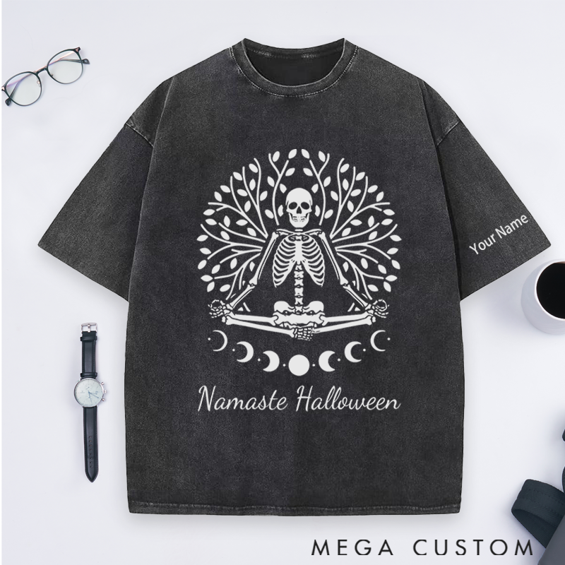 Personalized Namaste Halloween Washed T-Shirt with Spooky Skeleton Yoga Design Perfect Gift for Yoga Lover and Halloween