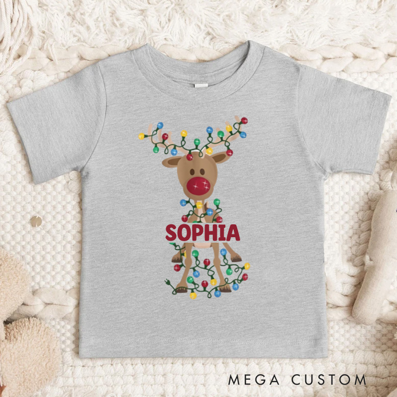 Personalized Reindeer Wrapped in Christmas Lights Christmas Kids T-Shirt