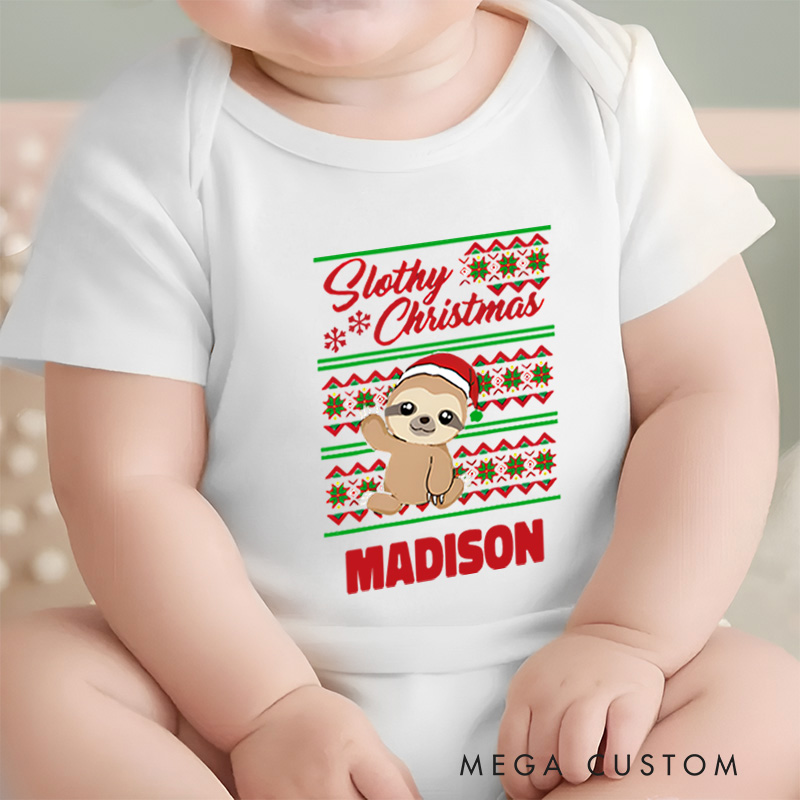 Personalized Sleighing Sloth Christmas Baby Onesie Perfect for a Fun and Whimsical Holiday Celebration Baby Onesie