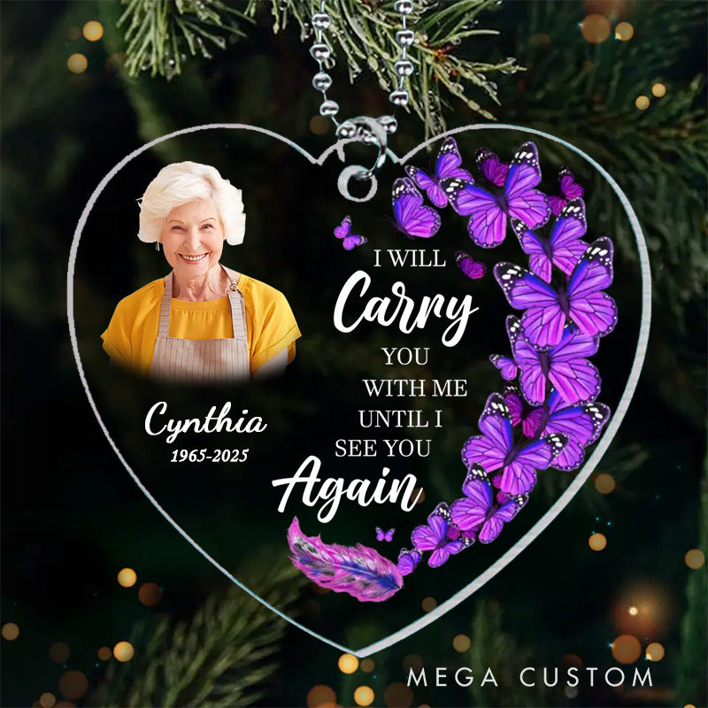 Personalized Heart Shaped Memorial Ornament Customizable Photo Name Year Quote Purple Butterflies Feather Keepsake