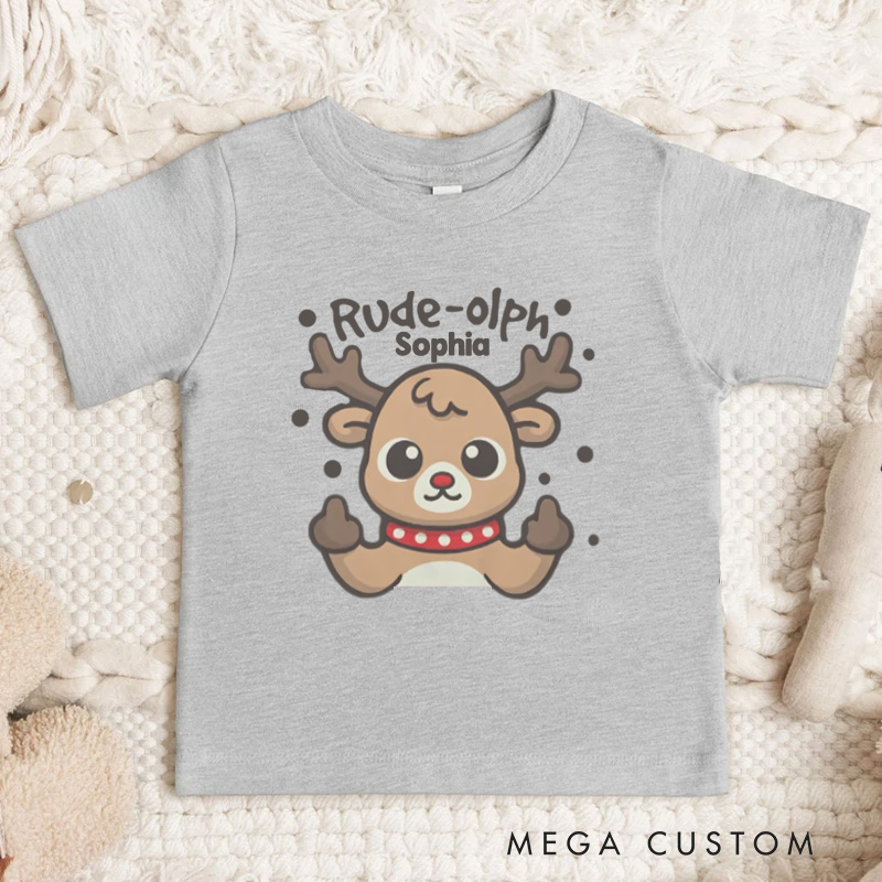 Personalized Rude Reindeer with Playful Expression Christmas Kids T-Shirt
