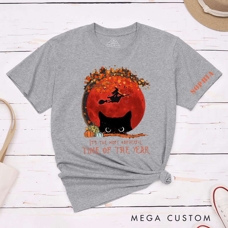 Personalized Halloween Cat Witch Autumn Moon Classic T-Shirts Custom Fall Pumpkin Tee Gift for Women Men Lovers Unique Seasonal Shirt for Sophia