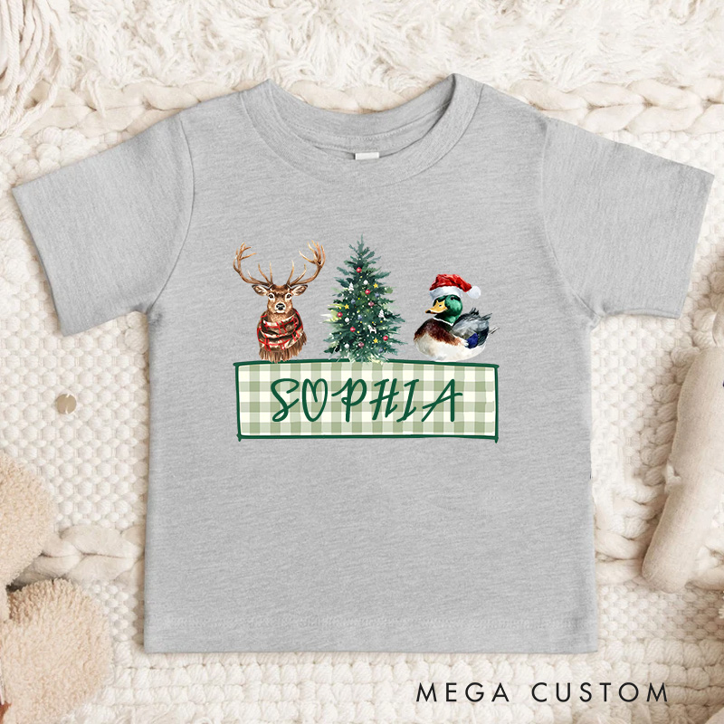 Personalized Reindeer and Tree with Plaid Name Banner Christmas Kids T-Shirt