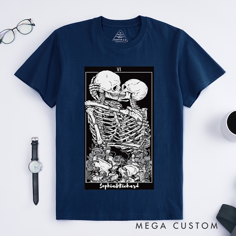 Personalized Tarot Lovers Classic T-Shirts Lovers Tarot Card T-Shirt Gothic Style Skeleton Lover Gift for Lover Couple Anniversary