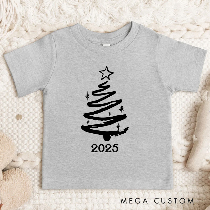 Personalized Minimalist Black and White Christmas Tree Christmas Kids T-Shirt