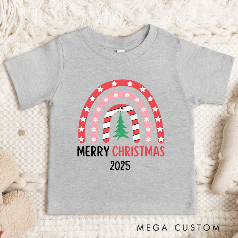 Personalized Rainbow with Merry Christmas Text and Stripes Christmas Kids T-Shirt