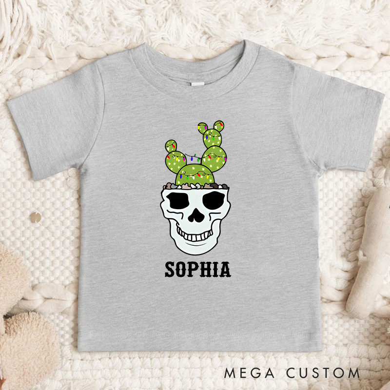 Personalized Skull with Reindeer Antlers and Festive Details Christmas Kids T-Shirt