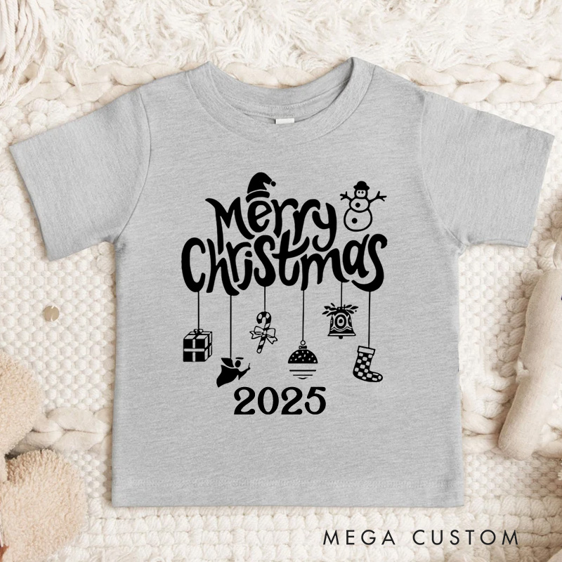 Personalized Gold Merry Christmas Text with Holiday Icons Christmas Kids T-Shirt
